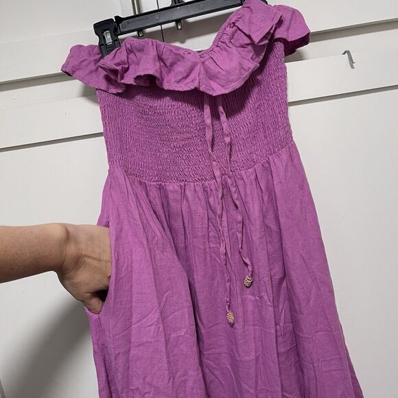 Free People Midi Dress Lush Life Linen Strapless Smocked Opera Mauve Size M New - Picture 7 of 11